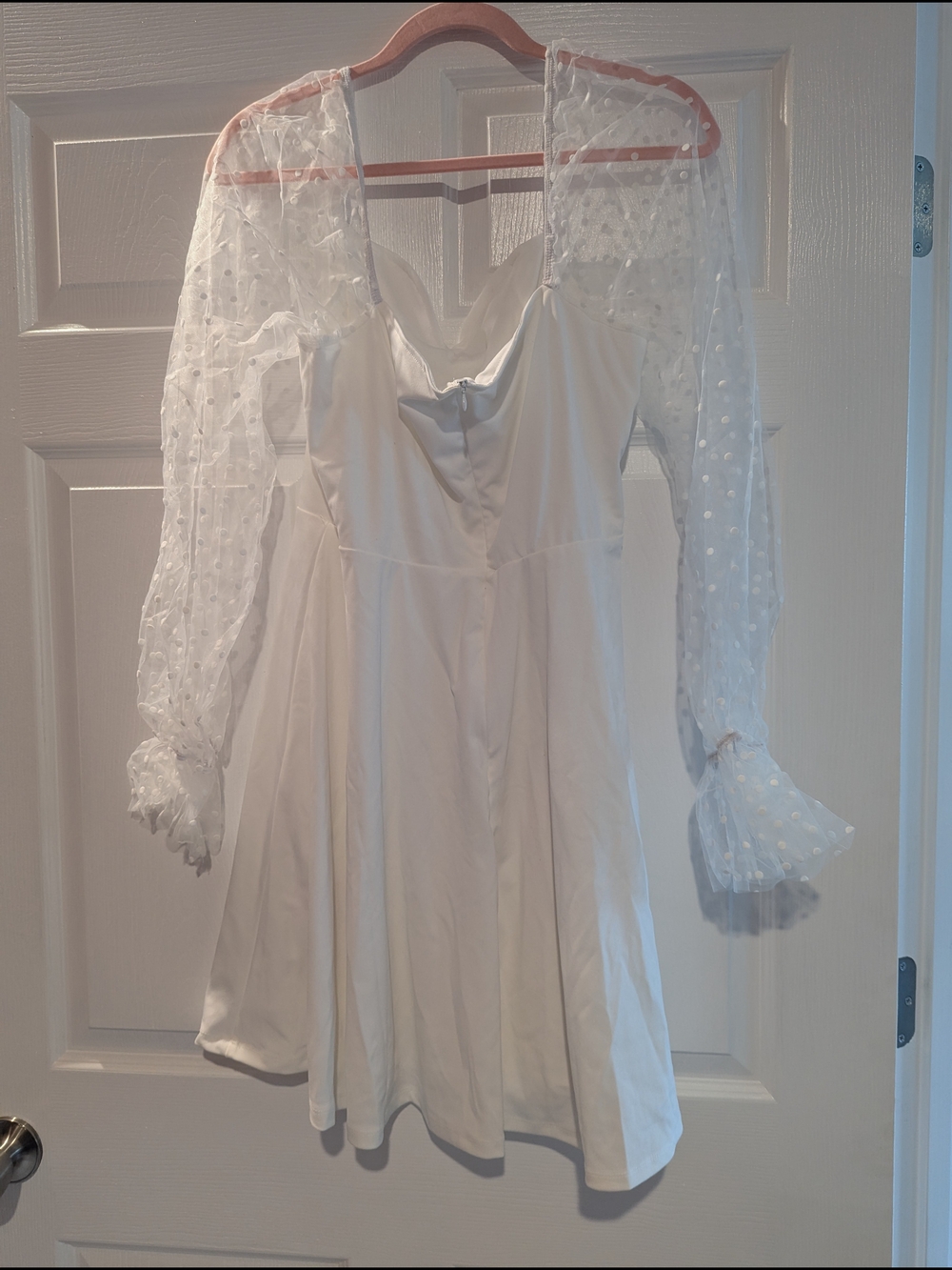 White Long-Sleeve Swiss Dot Mesh A-Line Dress